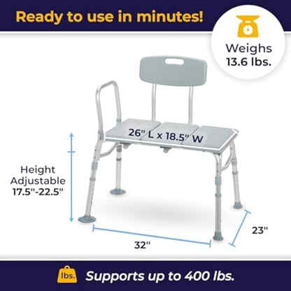 Height-Adjustable Tub Transfer Bench with Backrest, 350 lb Capacity