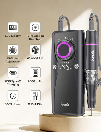 USB Rechargeable Electric Nail Drill with 12 Bits, 45,000 RPM
