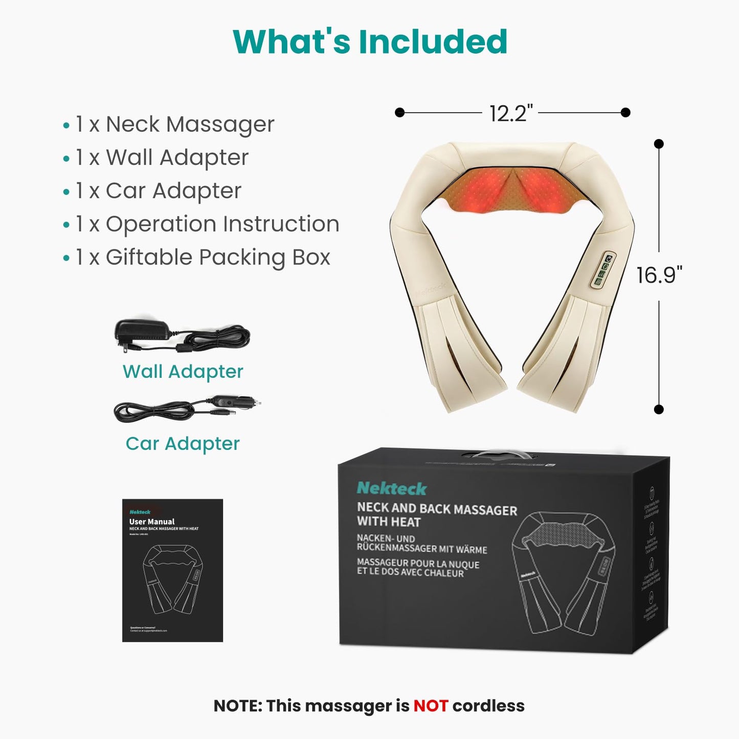 Nekteck Shiatsu Neck Massager with Heat for Pain Relief Deep Tissue