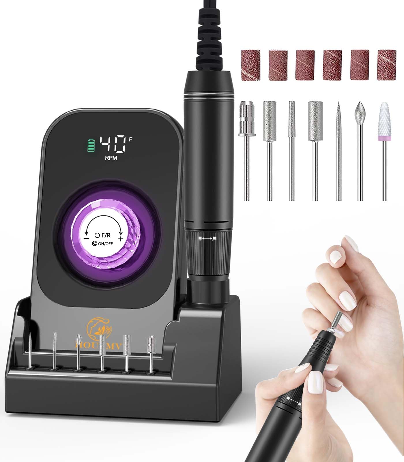 Cordless Rechargeable Nail Drill with Bits & Base, 40,000 RPM