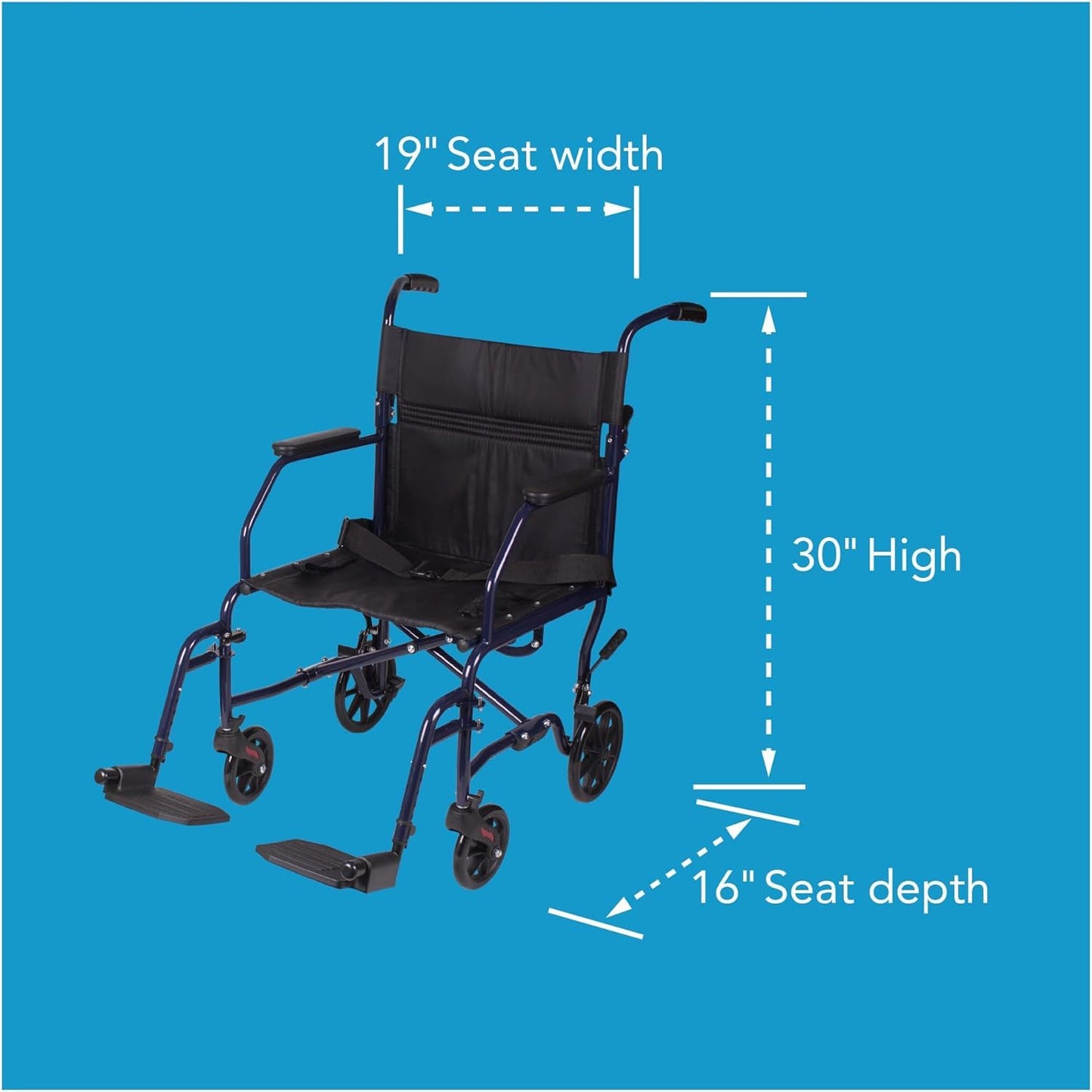 Lightweight Folding Transport Wheelchair with Footrests, 19-Inch Seat