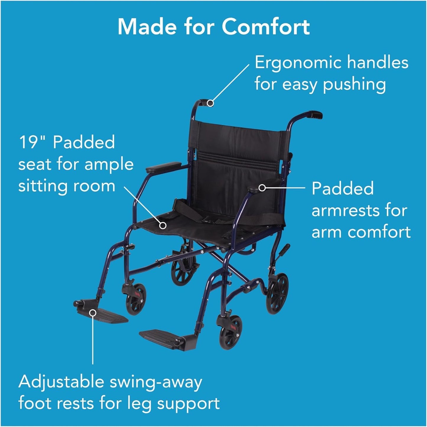 Lightweight Folding Transport Wheelchair with Footrests, 19-Inch Seat