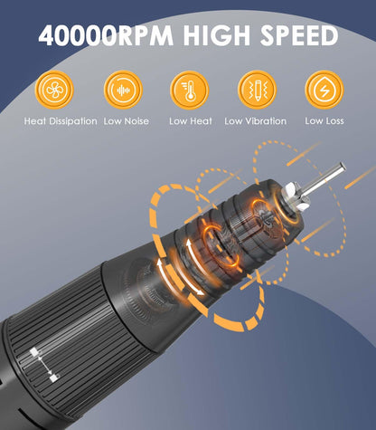 Cordless Rechargeable Nail Drill with Bits & Base, 40,000 RPM