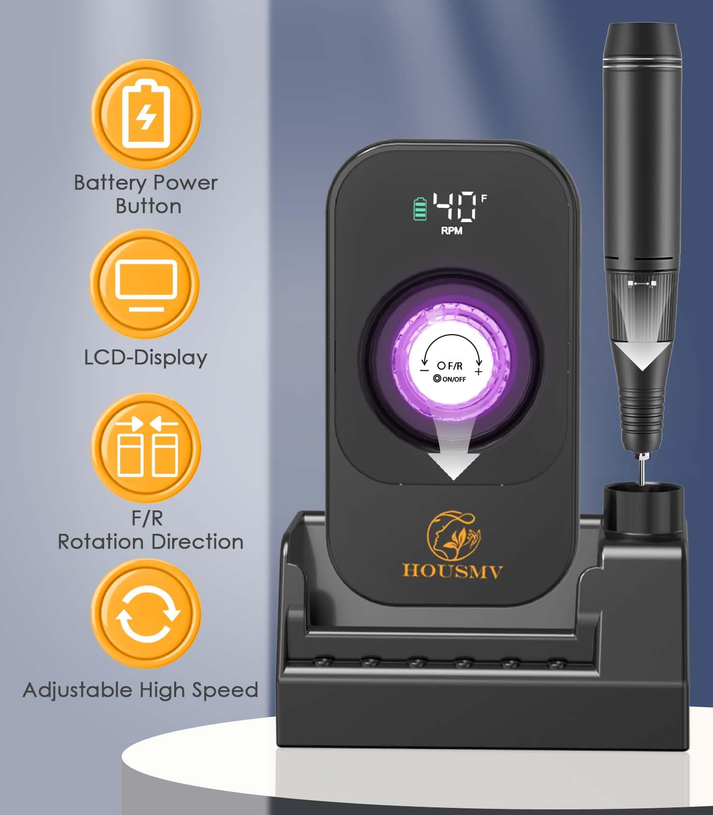 Cordless Rechargeable Nail Drill with Bits & Base, 40,000 RPM