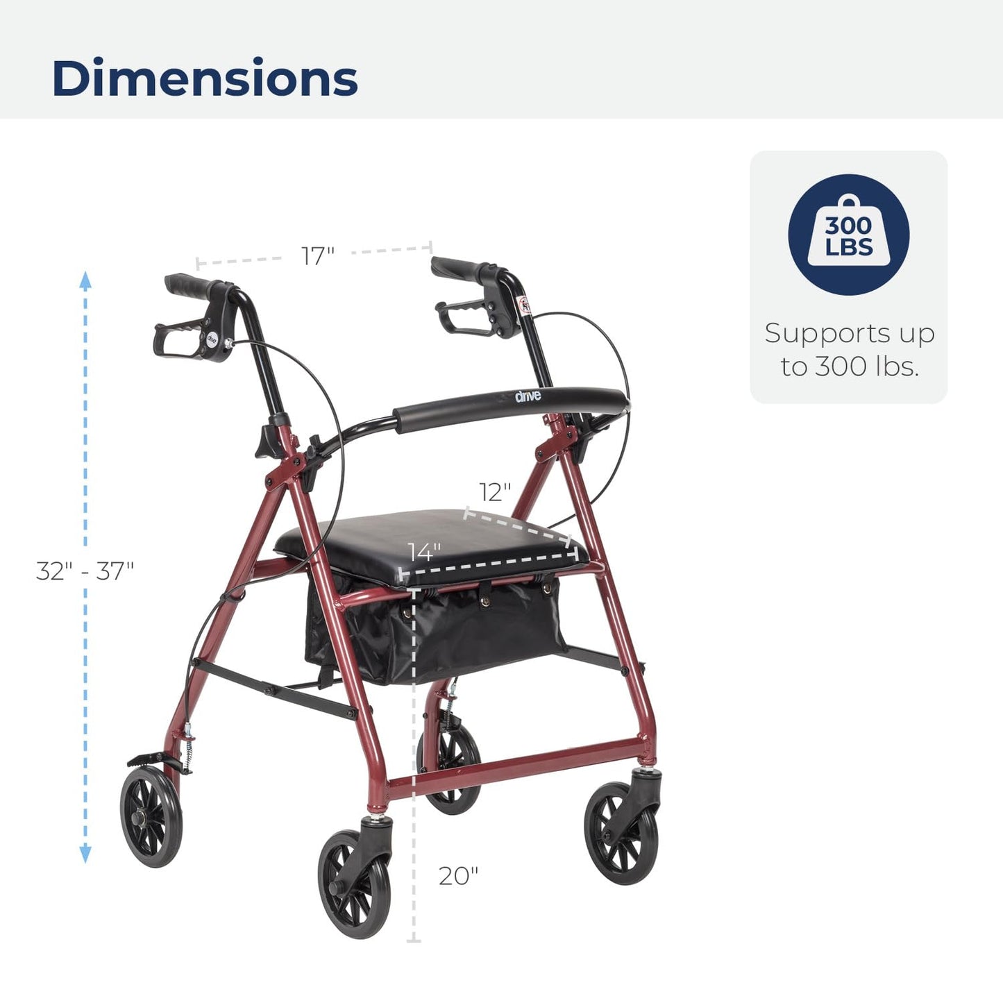 Drive Medical Four Wheel Rollator with Fold Up Removable Back Support