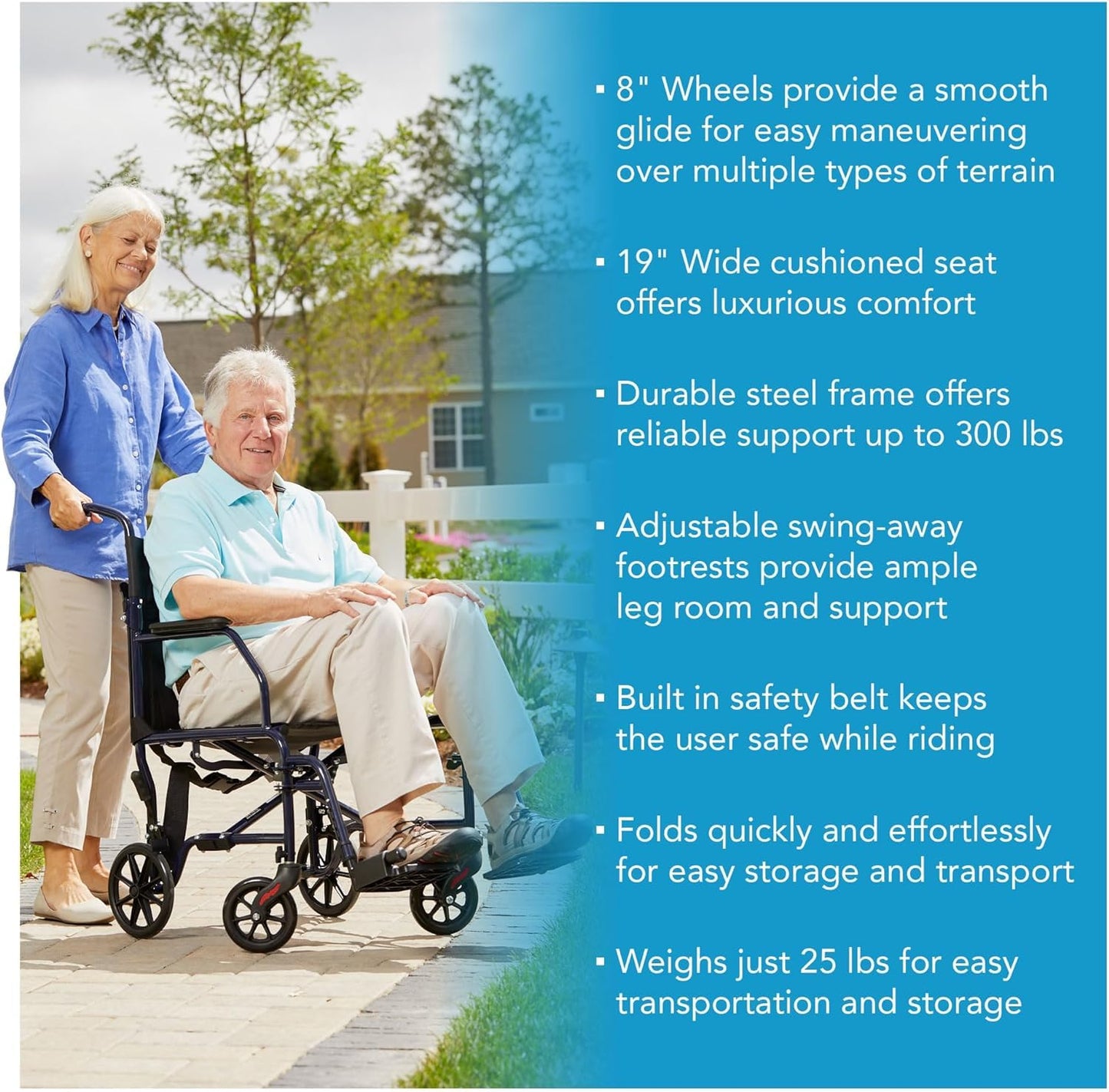 Lightweight Folding Transport Wheelchair with Footrests, 19-Inch Seat