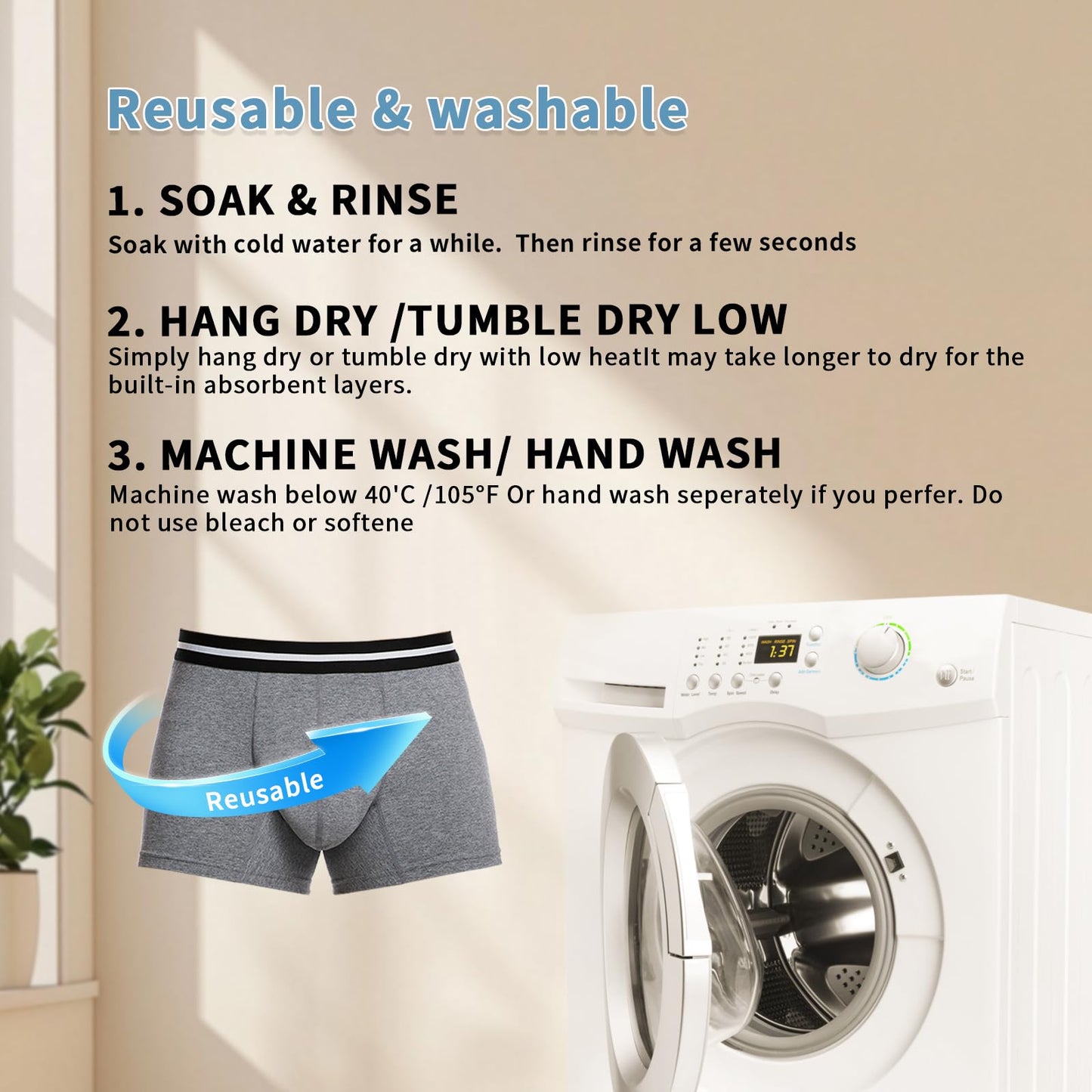 Washable Men’s Leakproof Incontinence Boxer Briefs with Light Absorbency