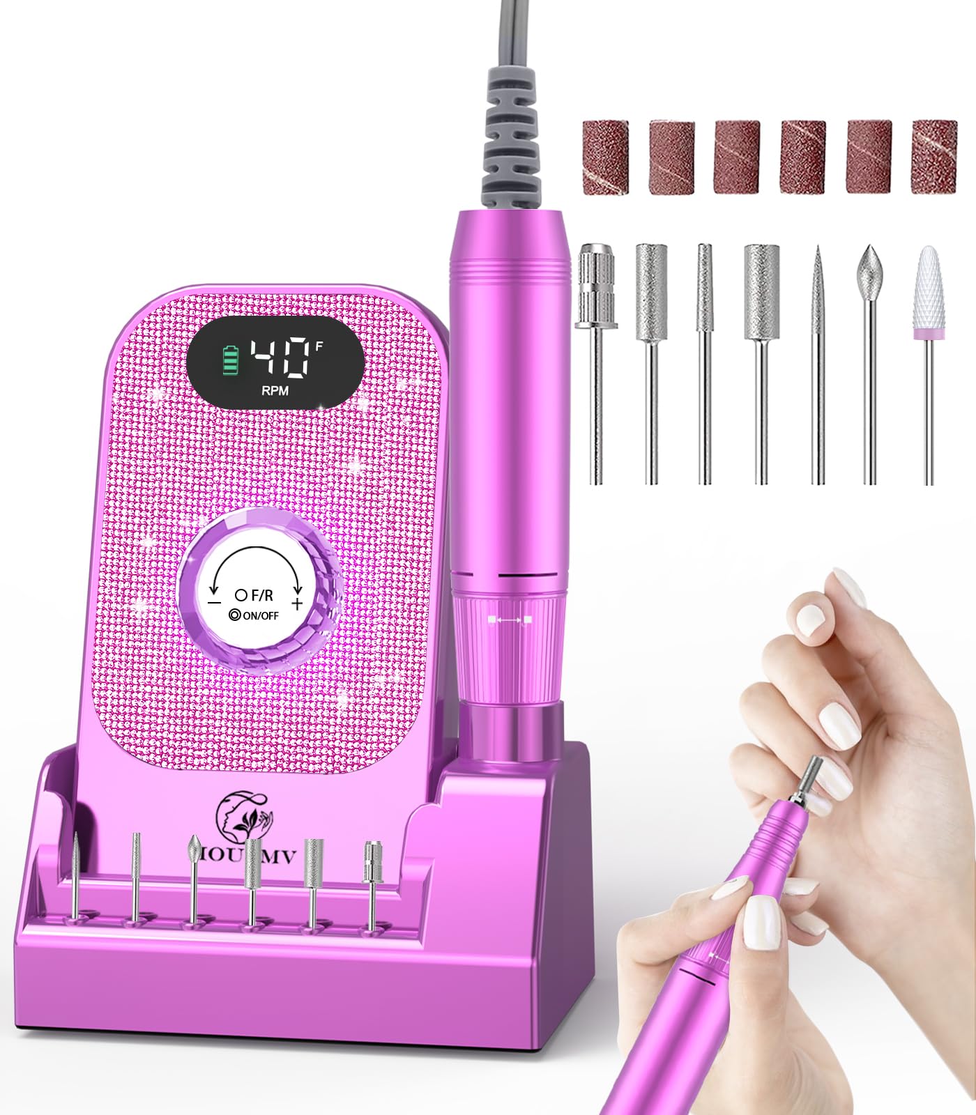 Cordless Rechargeable Nail Drill with Bits & Base, 40,000 RPM