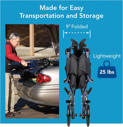 Lightweight Folding Transport Wheelchair with Footrests, 19-Inch Seat