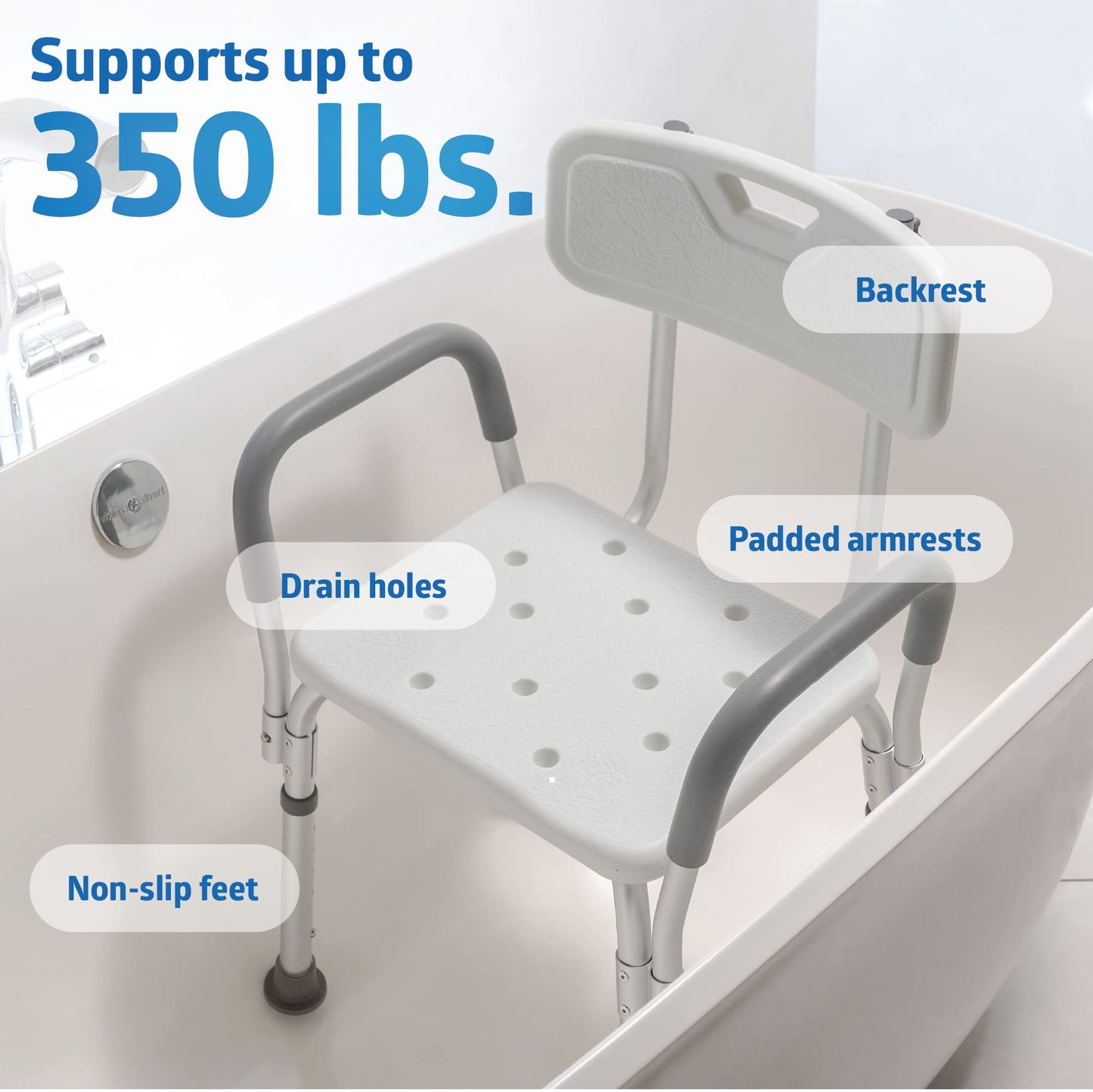 Shower Chair with Padded Armrests and Back, 350 lb Capacity