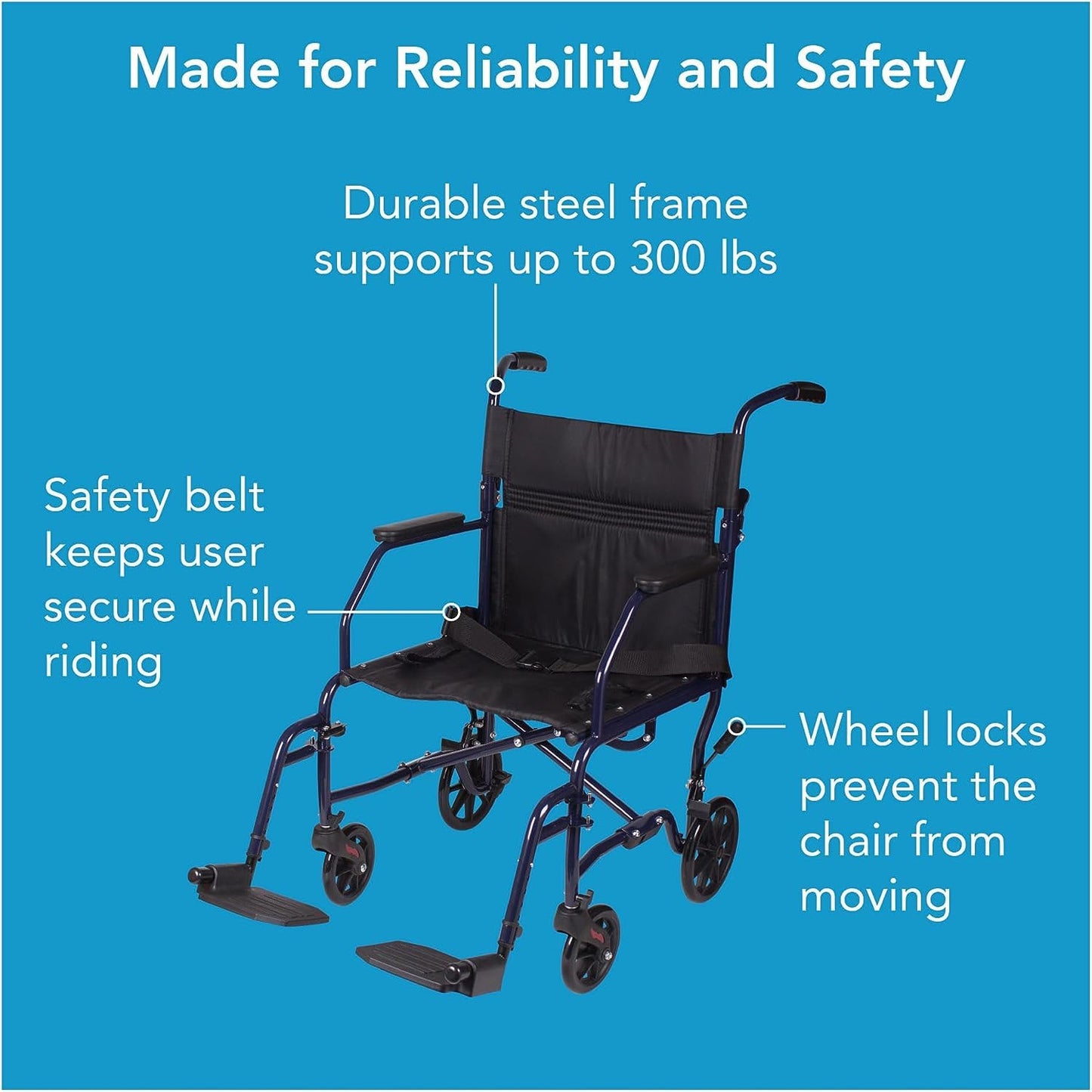 Lightweight Folding Transport Wheelchair with Footrests, 19-Inch Seat