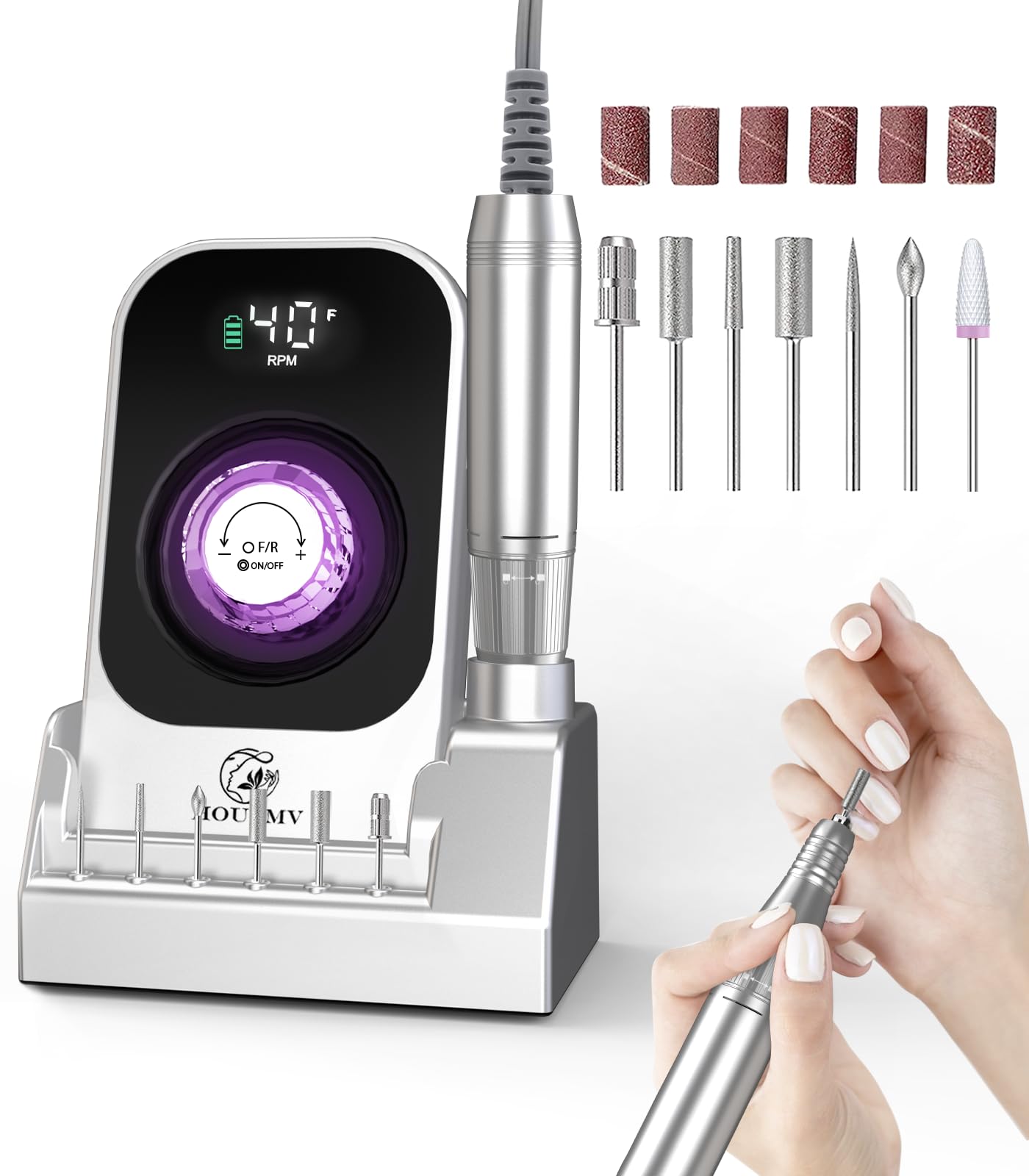 Cordless Rechargeable Nail Drill with Bits & Base, 40,000 RPM