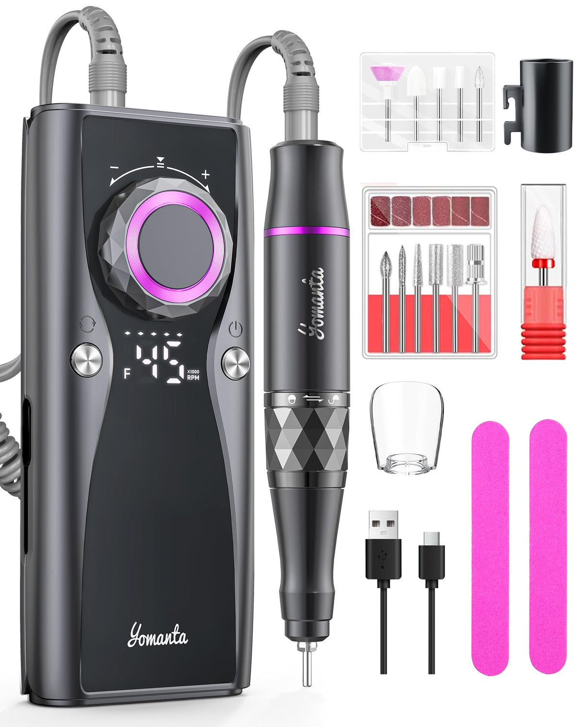 USB Rechargeable Electric Nail Drill with 12 Bits, 45,000 RPM