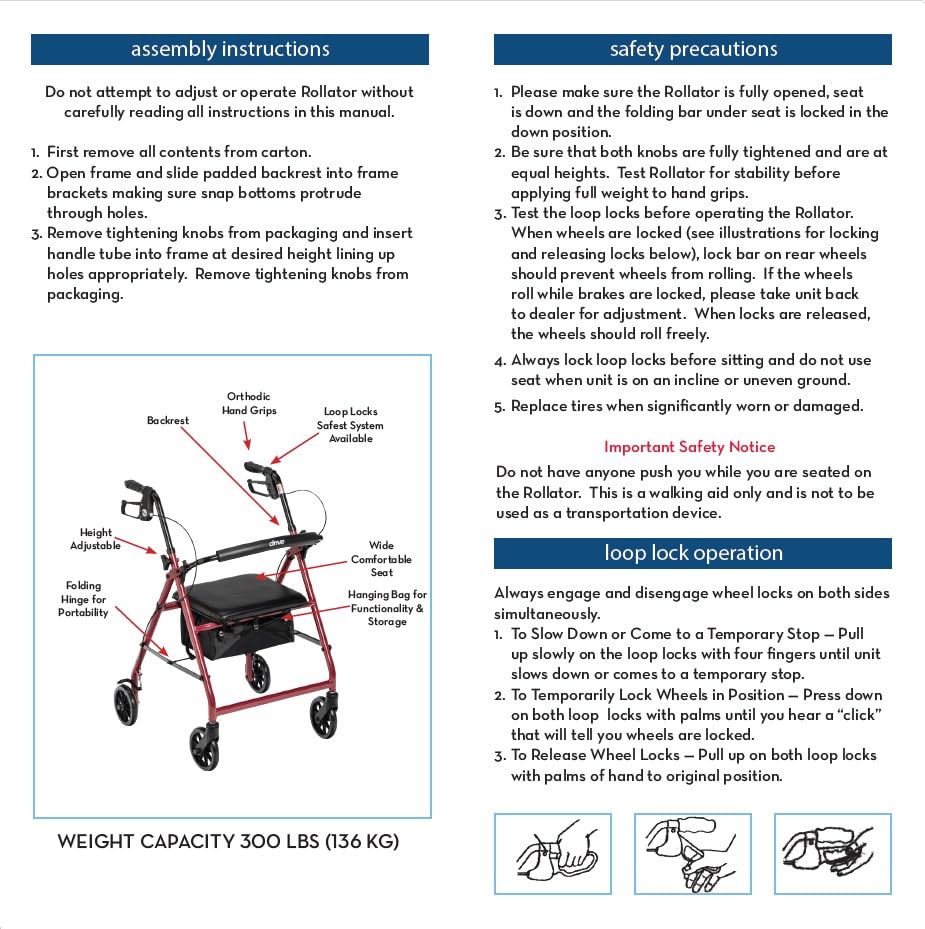Drive Medical Four Wheel Rollator with Fold Up Removable Back Support