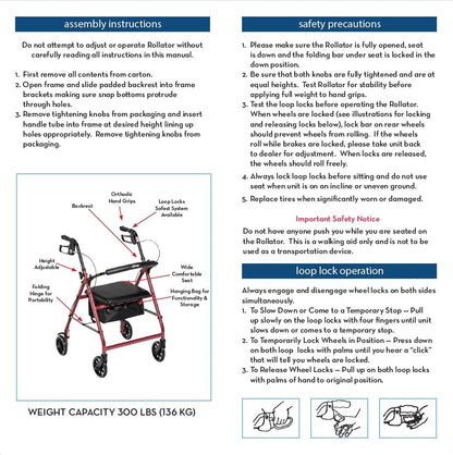 Drive Medical Four Wheel Rollator with Fold Up Removable Back Support