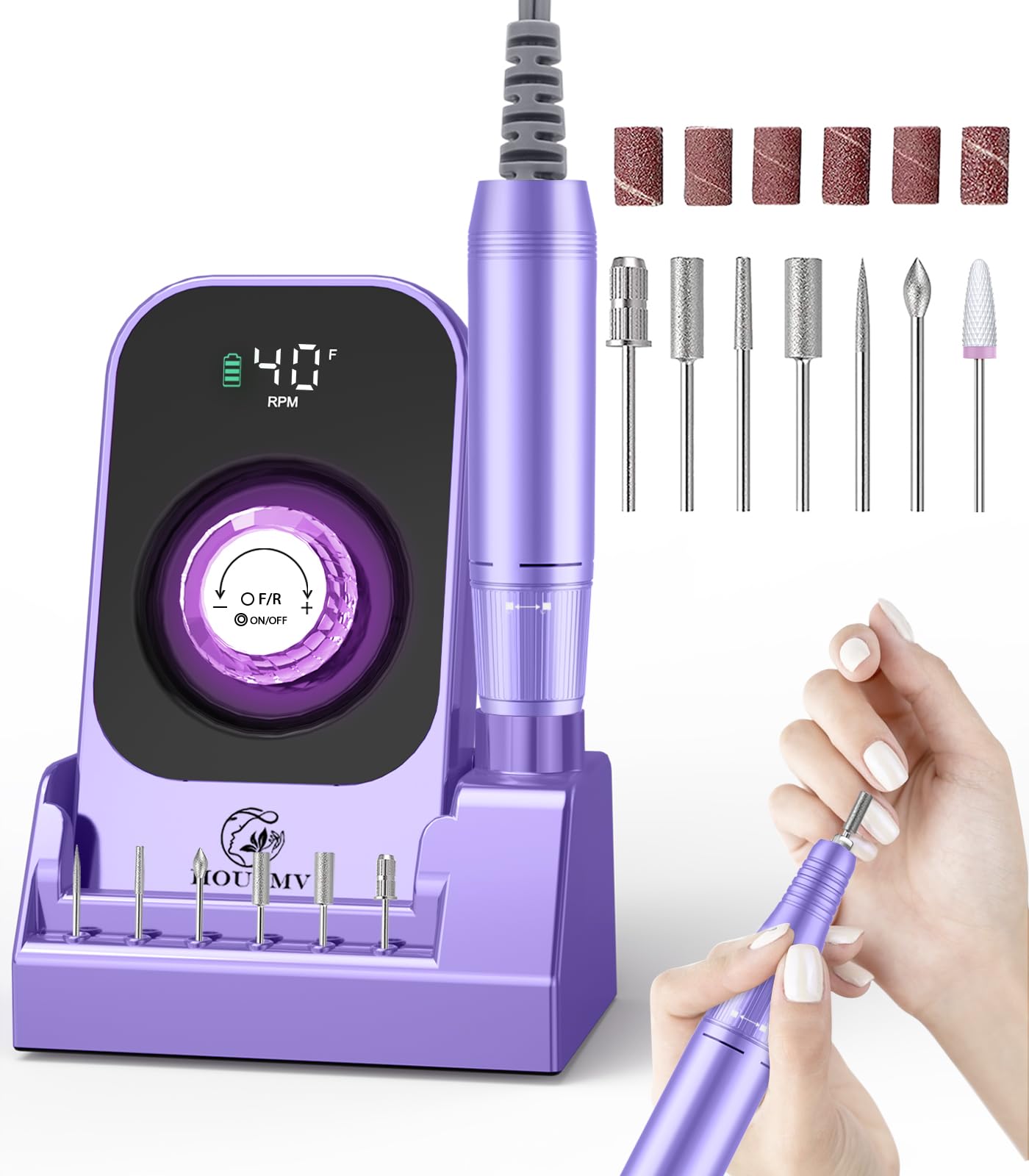 Cordless Rechargeable Nail Drill with Bits & Base, 40,000 RPM