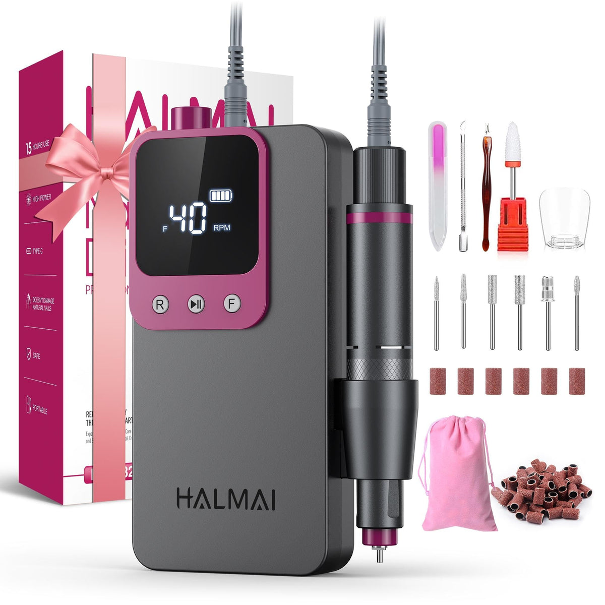 Cordless Rechargeable Electric Nail Drill Kit, 40,000 RPM