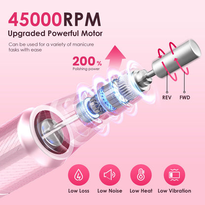HELIVIVE Professional Electric Nail Drill 45000RPM Cordless Nail File