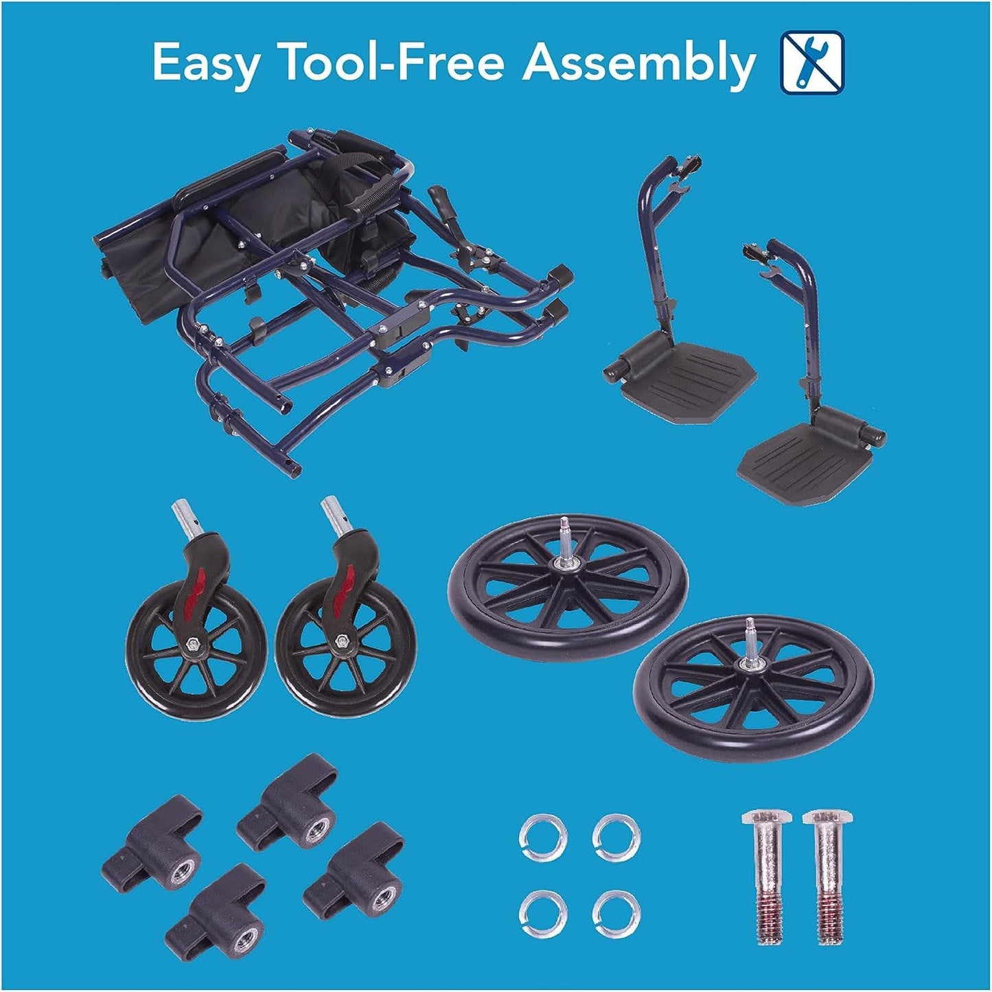 Lightweight Folding Transport Wheelchair with Footrests, 19-Inch Seat