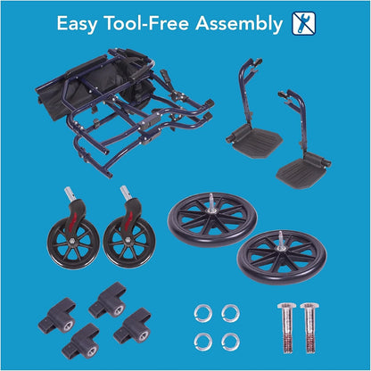 Lightweight Folding Transport Wheelchair with Footrests, 19-Inch Seat