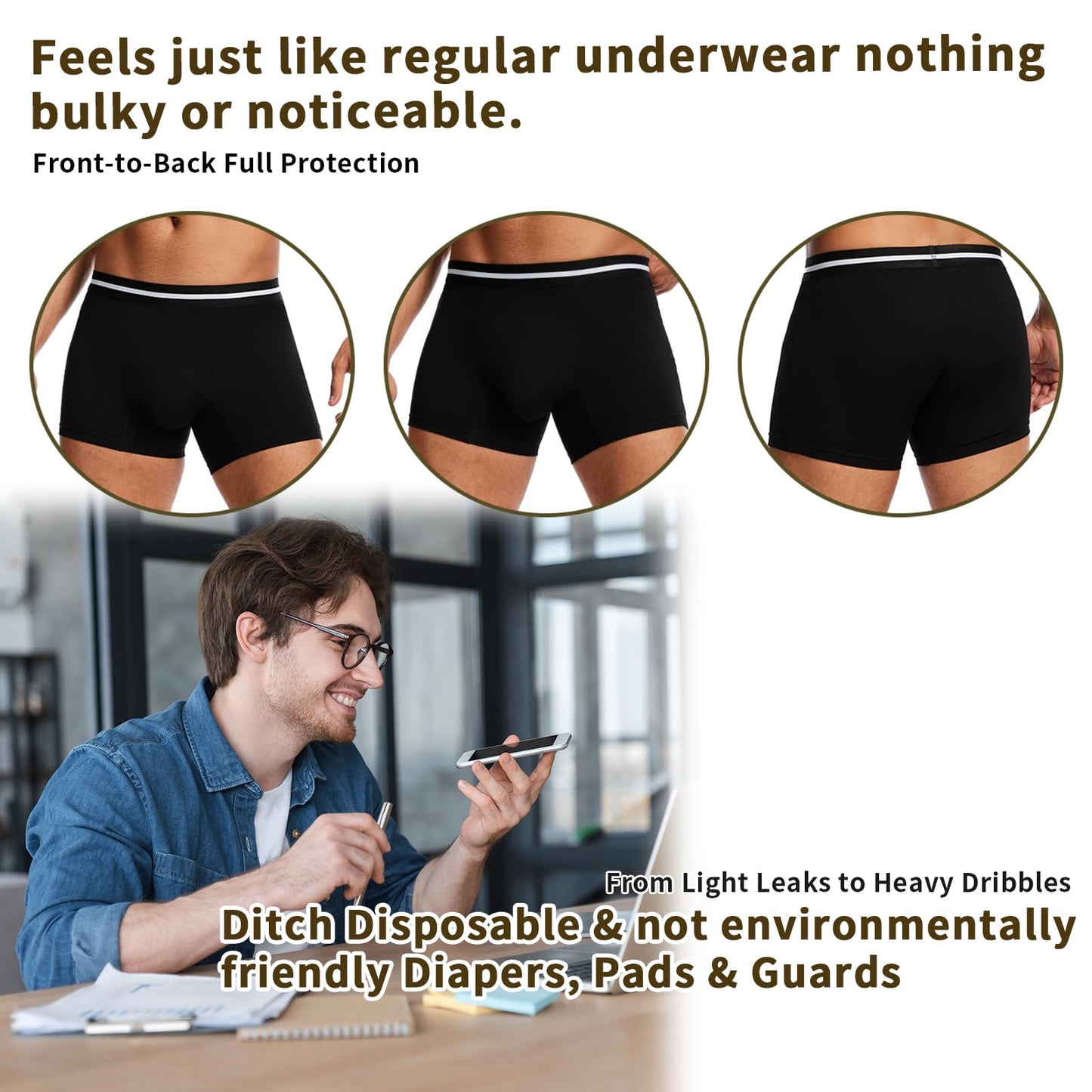 Washable Men’s Leakproof Incontinence Boxer Briefs with Light Absorbency