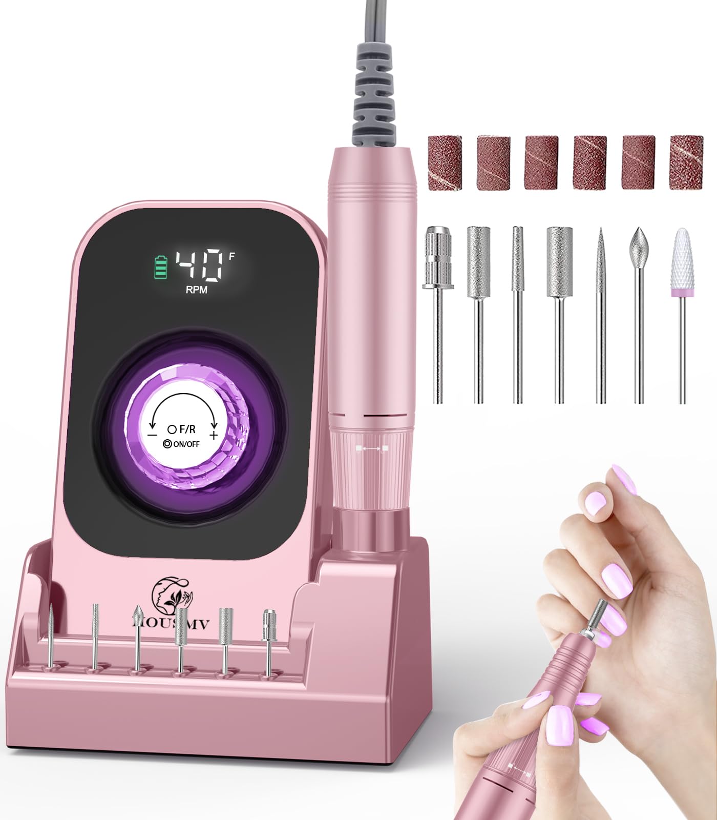 Cordless Rechargeable Nail Drill with Bits & Base, 40,000 RPM