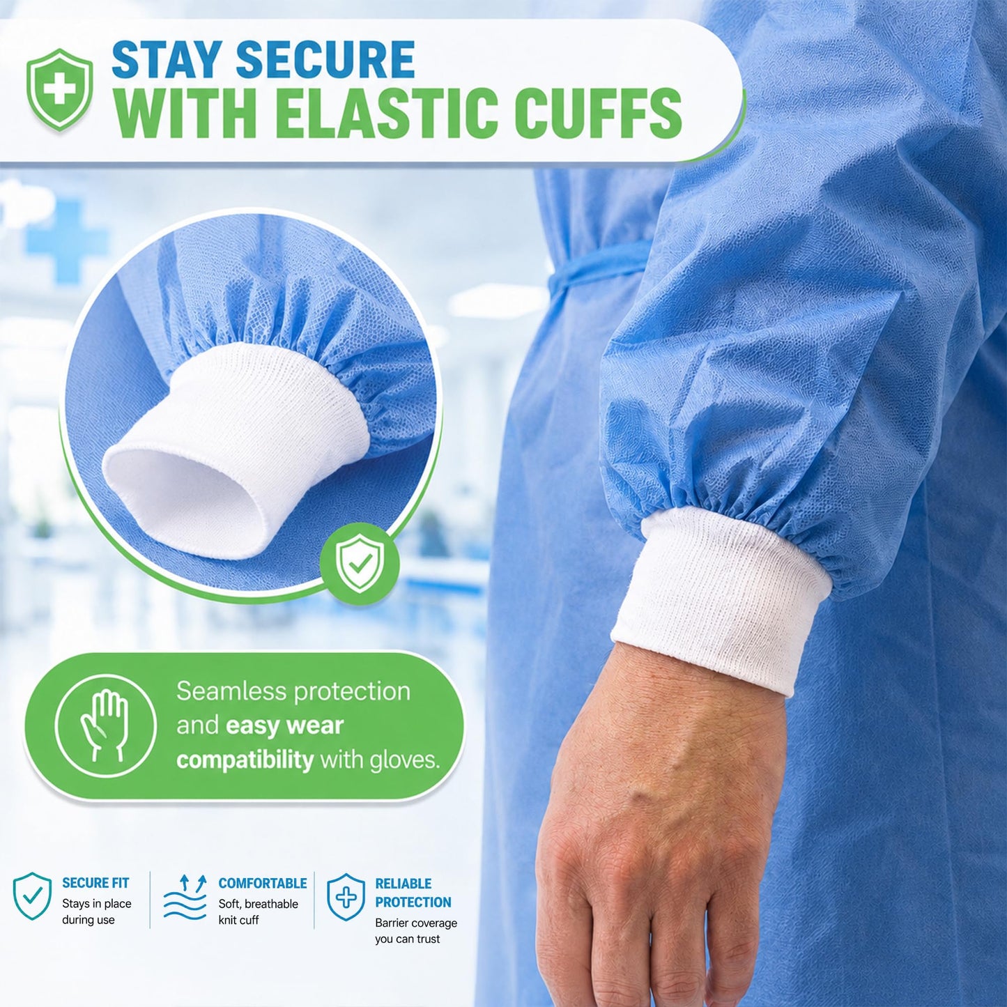 Level 2 Disposable Isolation Gowns with Full Back Coverage and Knit Cuffs