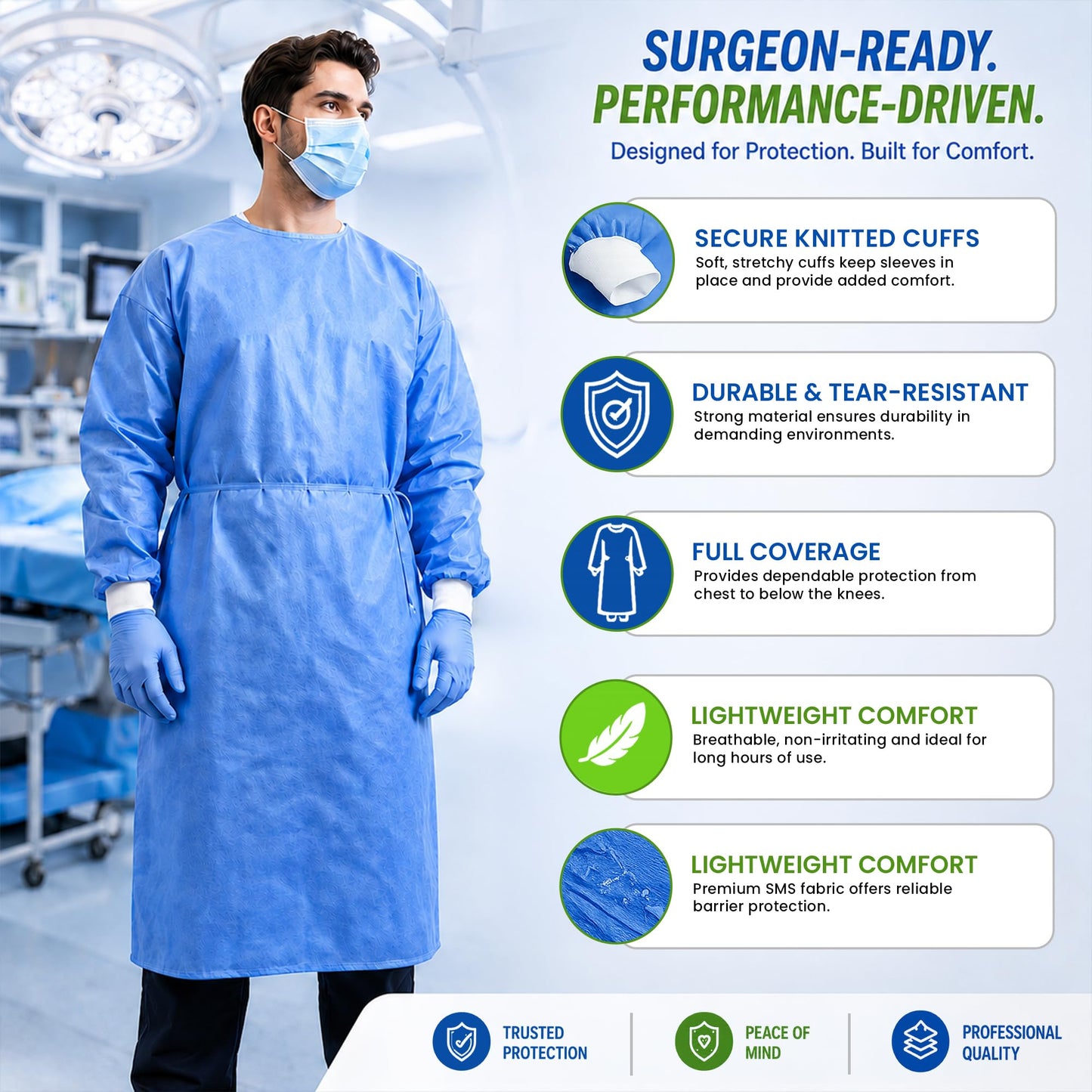 Level 2 Disposable Isolation Gowns with Full Back Coverage and Knit Cuffs