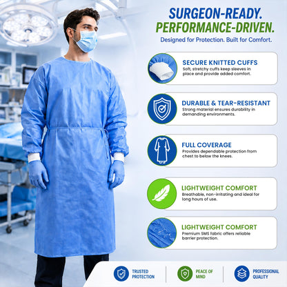 Level 2 Disposable Isolation Gowns with Full Back Coverage and Knit Cuffs