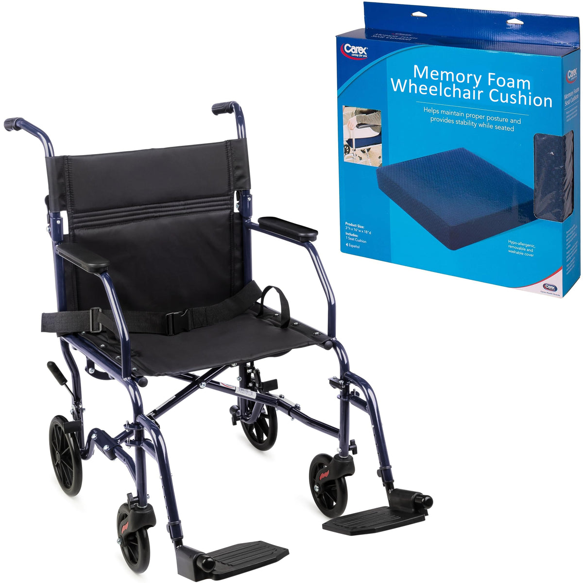 Lightweight Folding Transport Wheelchair with Footrests, 19-Inch Seat
