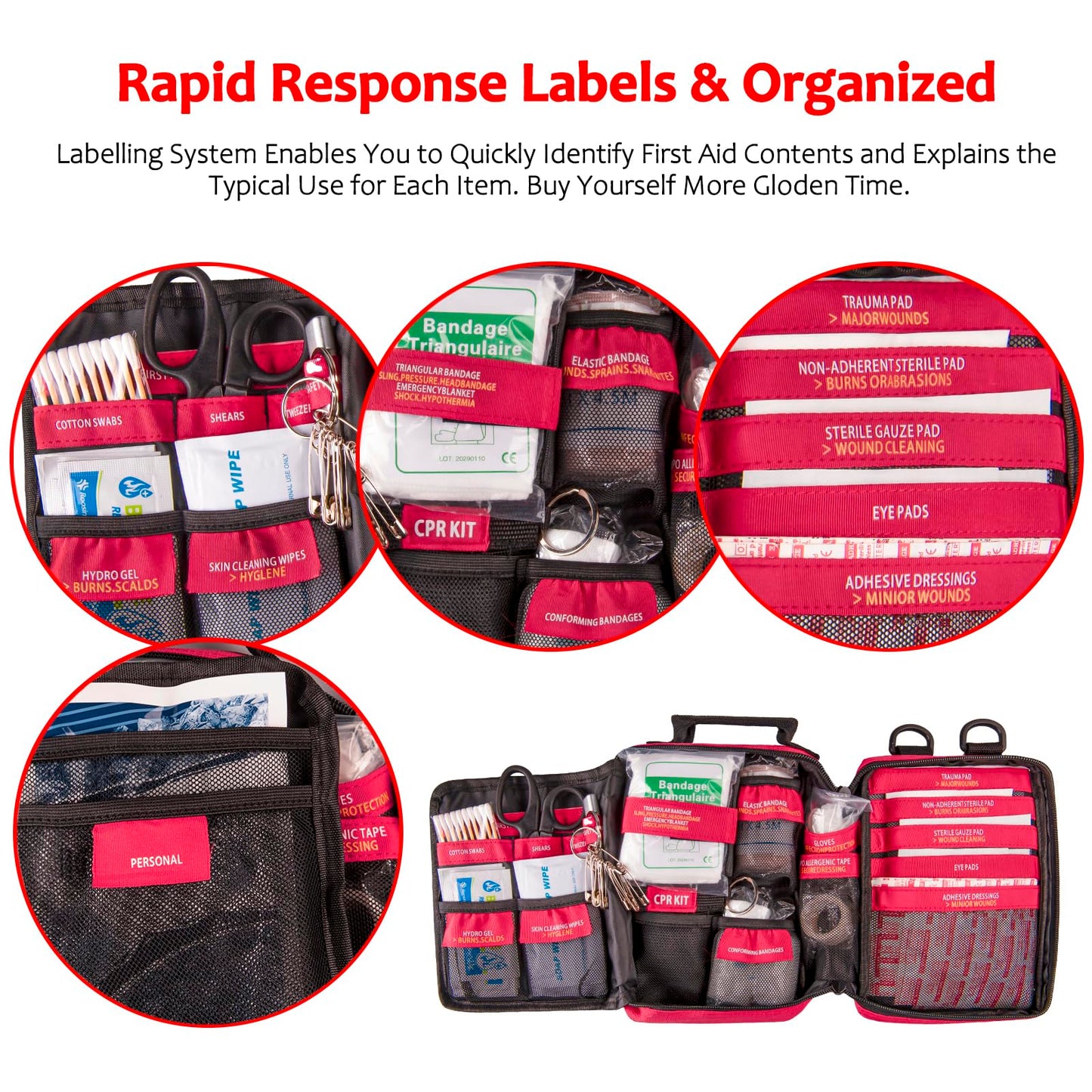 Comprehensive Trauma First Aid Kit with Labeled Compartments and MOLLE System