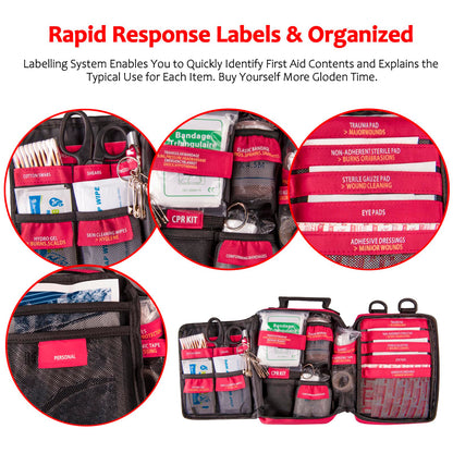 Comprehensive Trauma First Aid Kit with Labeled Compartments and MOLLE System
