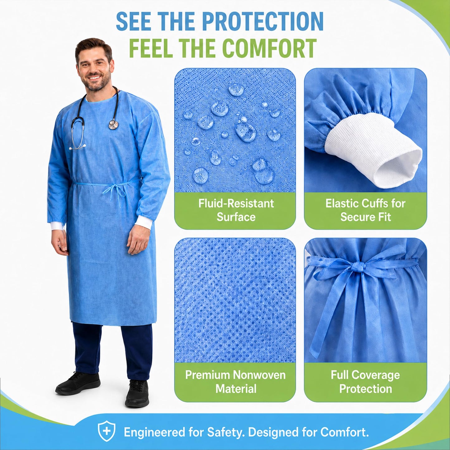 Level 2 Disposable Isolation Gowns with Full Back Coverage and Knit Cuffs